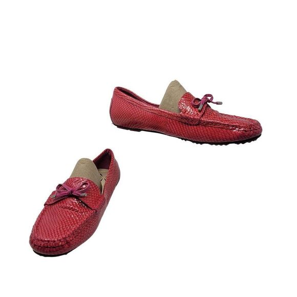 Isaac Mizrahi Leather Boat Shoes Loafers 9.5W Pink Snake Bow Slip On Barbiecore - Picture 1 of 11